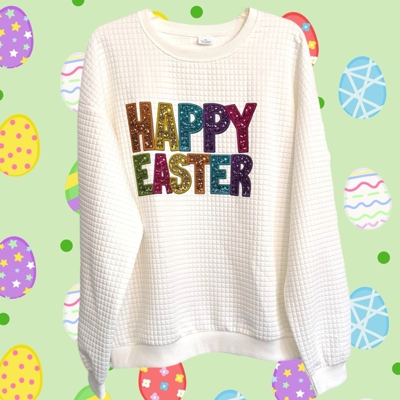 NWOT Women’s Size XL Off-White Lightweight Poly-Elastane “HAPPY EASTER” Top - Picture 1 of 5